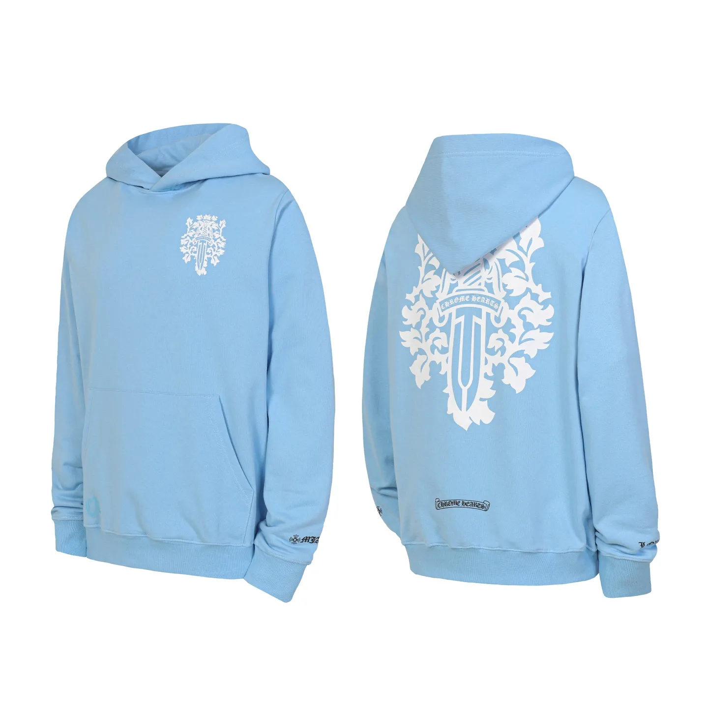 P240 3193-1 Cross-border running quantity model, please do not place an order if you pursue quality - Chrome Hearts/Chrome Heart Sword✝️ printed hooded sweatshirt - High weight, high density and high quality, soft, delicate and skin-friendly wool, soft and silky to the touch, excellent warmth and skin-friendly properties - Custom-woven and custom-dyed, no color difference, no matter the fabric or workmanship details, beat the ordinary version on the market - Hardware zipper accessories are all customized, full of details -Colour: sky blue -Size: S M L XL
